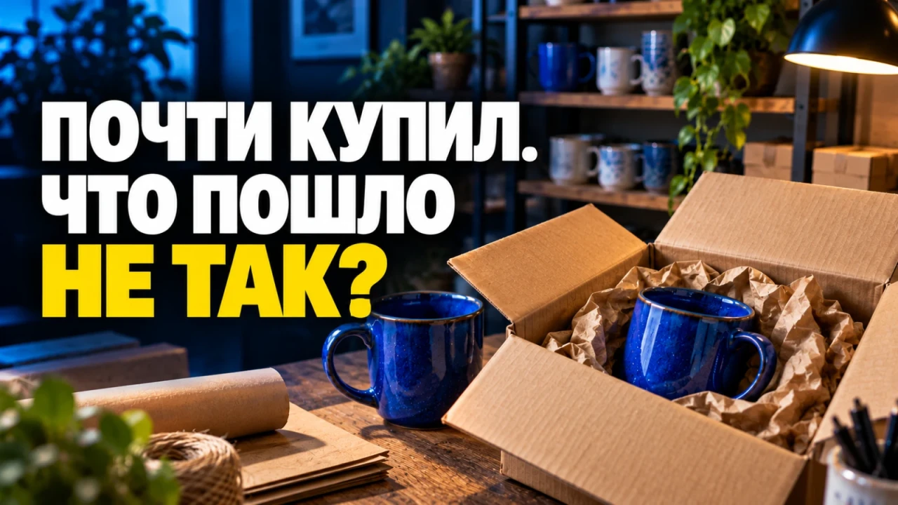 Две синие керамические кружки и незавершённая упаковка заказа в магазине; заголовок «ПОЧТИ КУПИЛ. ЧТО ПОШЛО НЕ ТАК?»