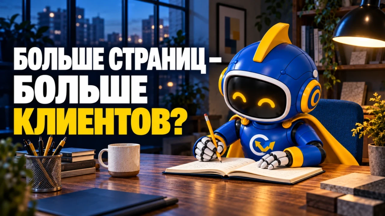 Вир пишет в блокноте за столом в рабочей студии; заголовок «БОЛЬШЕ СТРАНИЦ — БОЛЬШЕ КЛИЕНТОВ?»