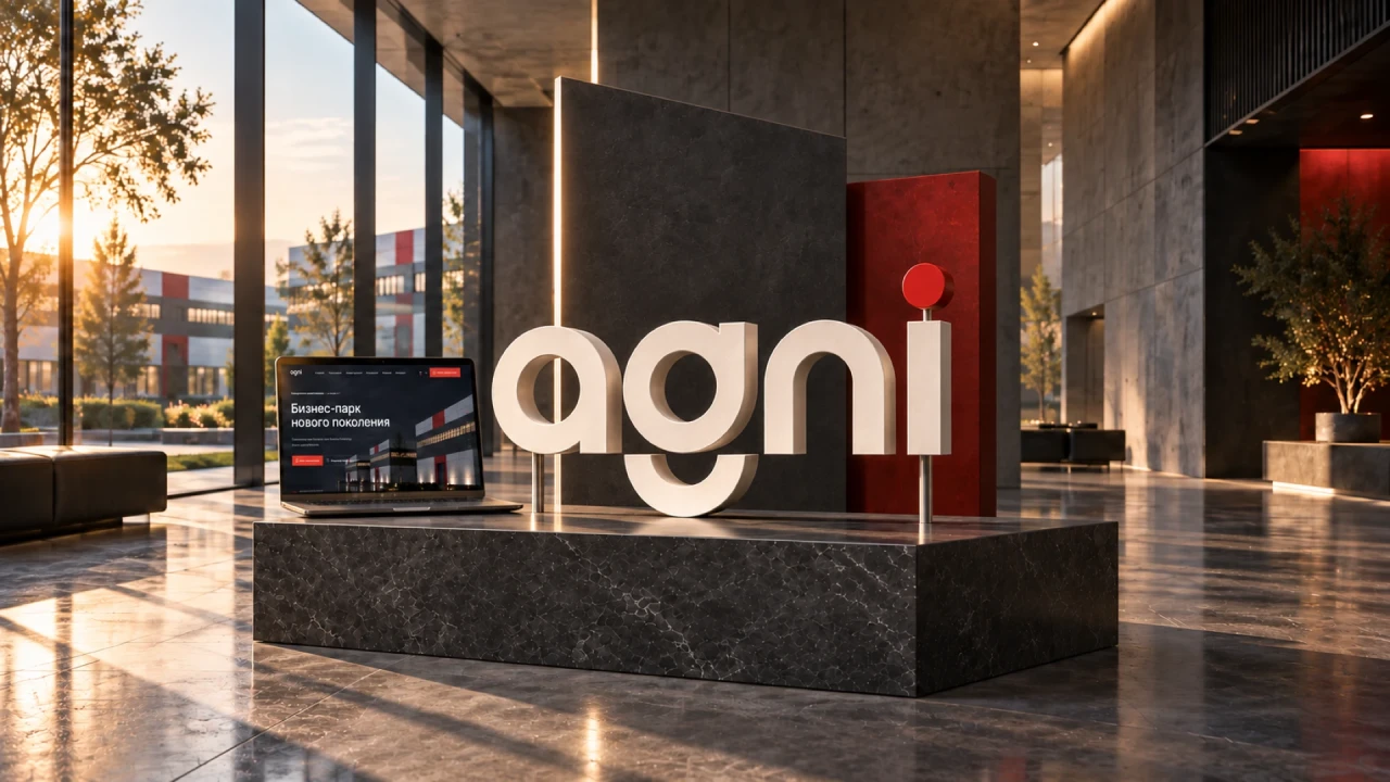 AGNI: объёмный фирменный логотип и ноутбук с сайтом в архитектурном интерьере