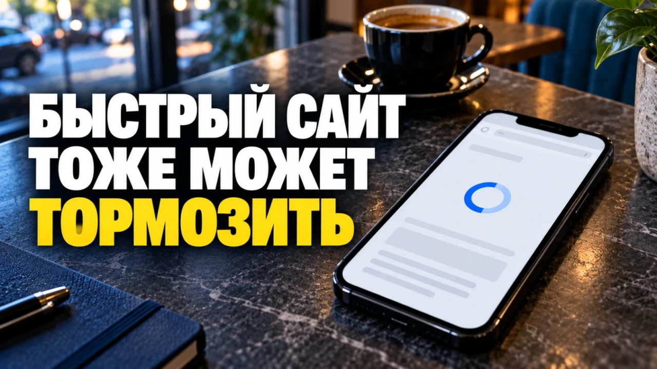 Смартфон с индикатором ожидания загрузки на каменном столе в кафе; заголовок «БЫСТРЫЙ САЙТ ТОЖЕ МОЖЕТ ТОРМОЗИТЬ»