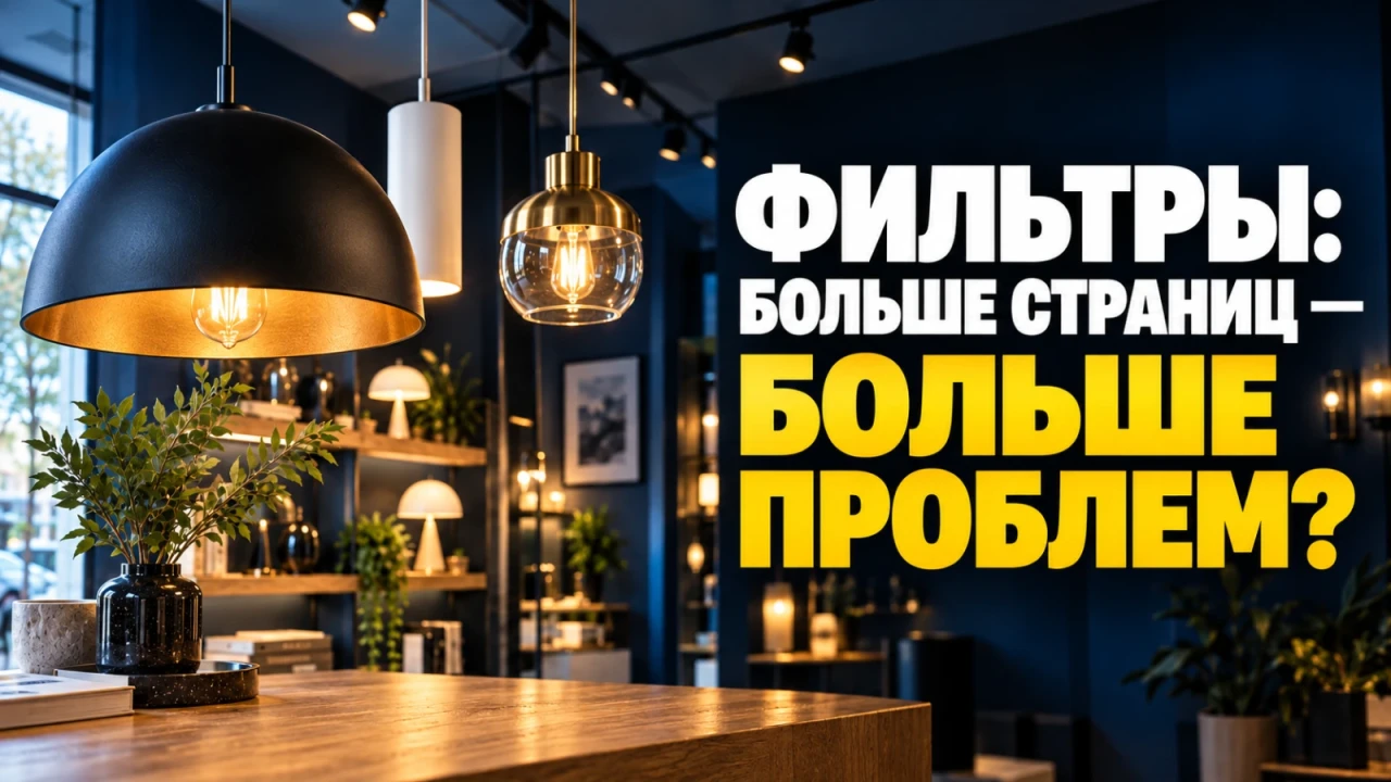 Чёрный, белый и стеклянный подвесные светильники в салоне: ассортимент для подбора по характеристикам; заголовок «ФИЛЬТРЫ: БОЛЬШЕ СТРАНИЦ — БОЛЬШЕ ПРОБЛЕМ?»