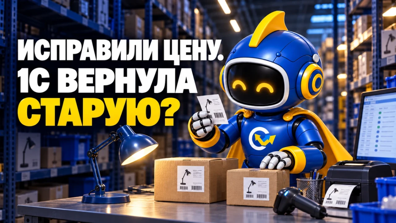 Фирменный вир сверяет товарные этикетки ламп на складе; заголовок «ИСПРАВИЛИ ЦЕНУ. 1С ВЕРНУЛА СТАРУЮ?»