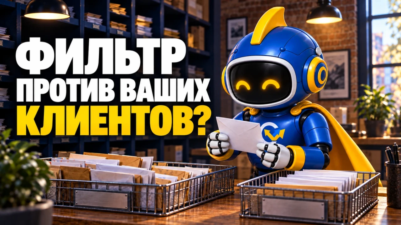 Вир изучает конверт и сортирует входящие обращения в рабочей почтовой комнате; заголовок «ФИЛЬТР ПРОТИВ ВАШИХ КЛИЕНТОВ?»