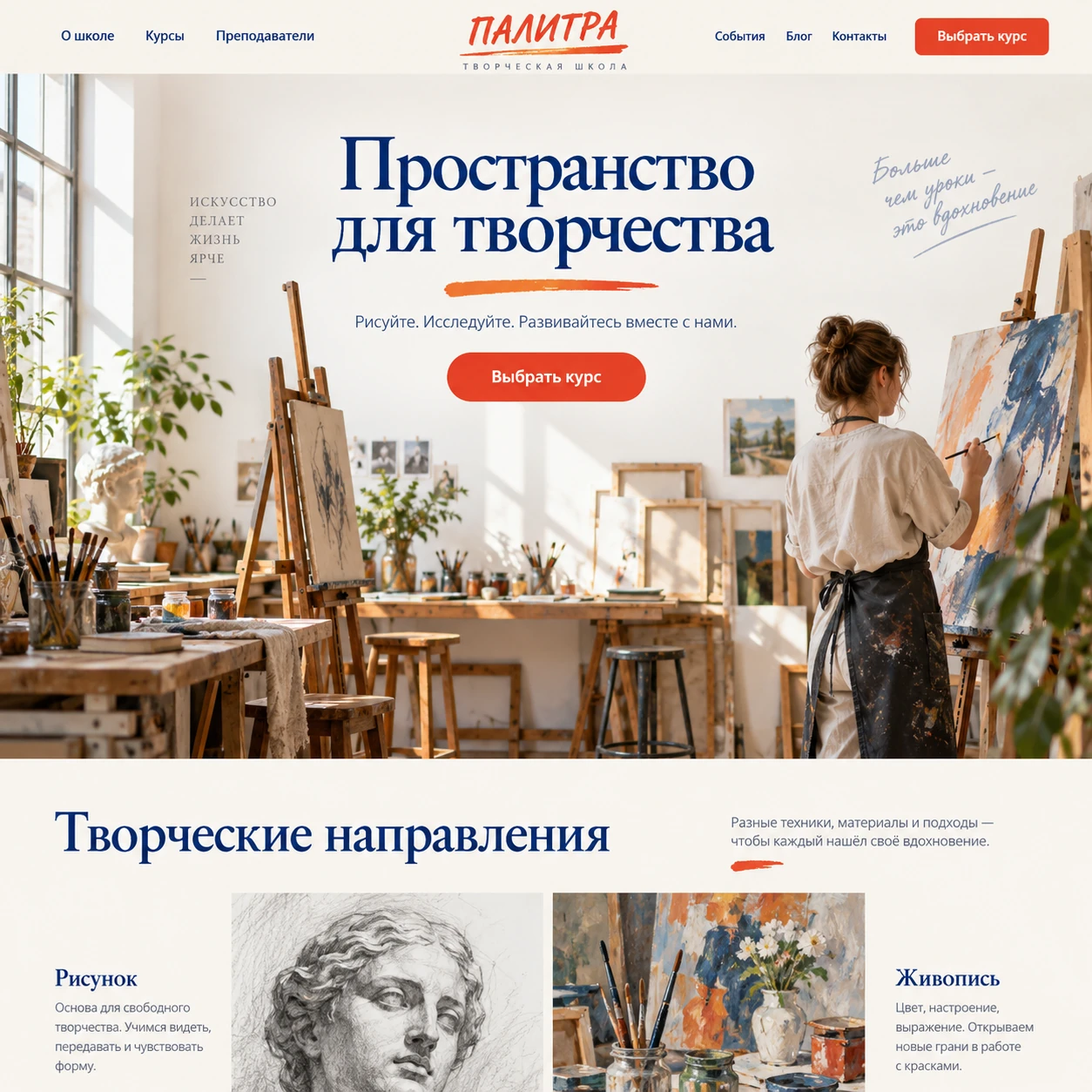 Демонстрационный десктопный макет сайта ПАЛИТРА: художественная мастерская, центрированный заголовок с кнопкой курса и направления рисунка и живописи.