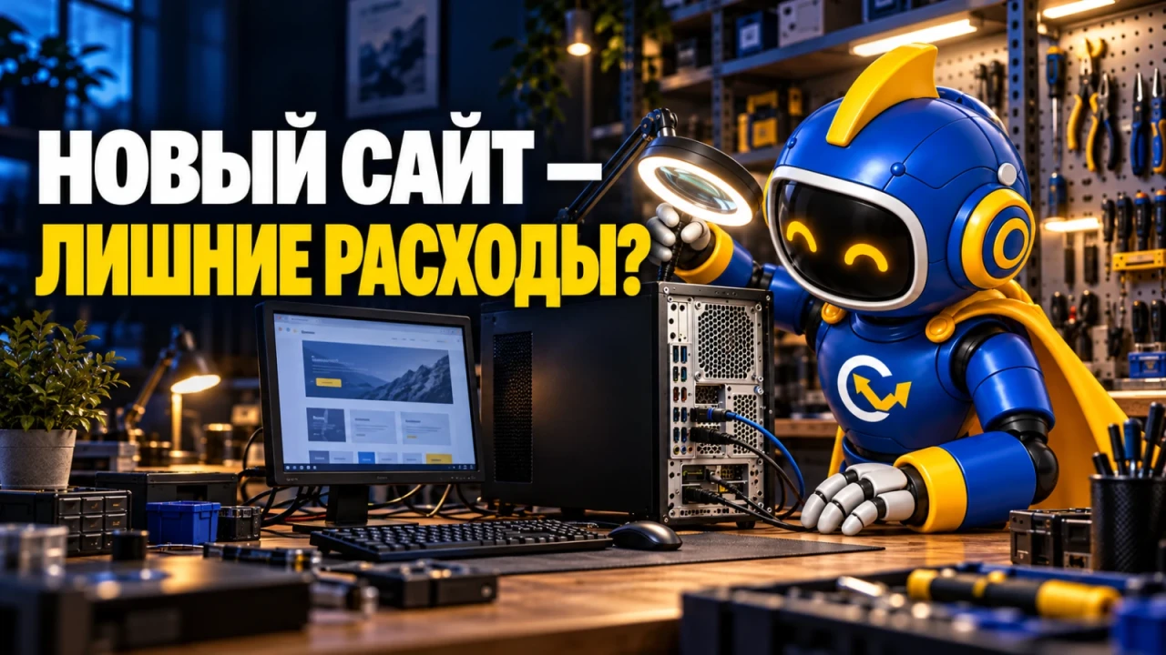 Вир осматривает работающий компьютер в технической мастерской перед выбором доработки или замены; заголовок «НОВЫЙ САЙТ — ЛИШНИЕ РАСХОДЫ?»