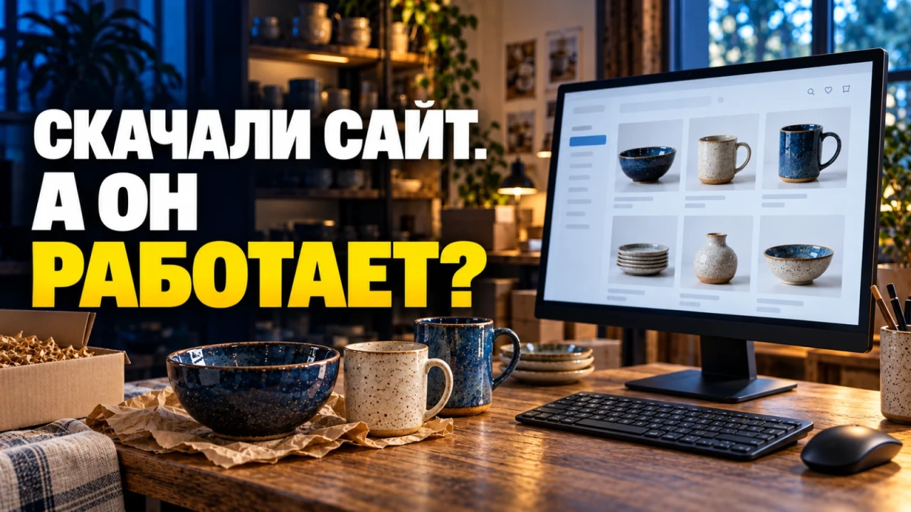 Фотографическая обложка компьютер с каталогом керамики и образцы товаров в мастерской; заголовок «СКАЧАЛИ САЙТ. А ОН РАБОТАЕТ?»