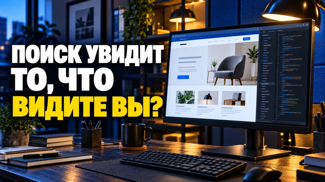Рабочая станция с готовой страницей и инструментами разработки; заголовок «ПОИСК УВИДИТ ТО, ЧТО ВИДИТЕ ВЫ?»