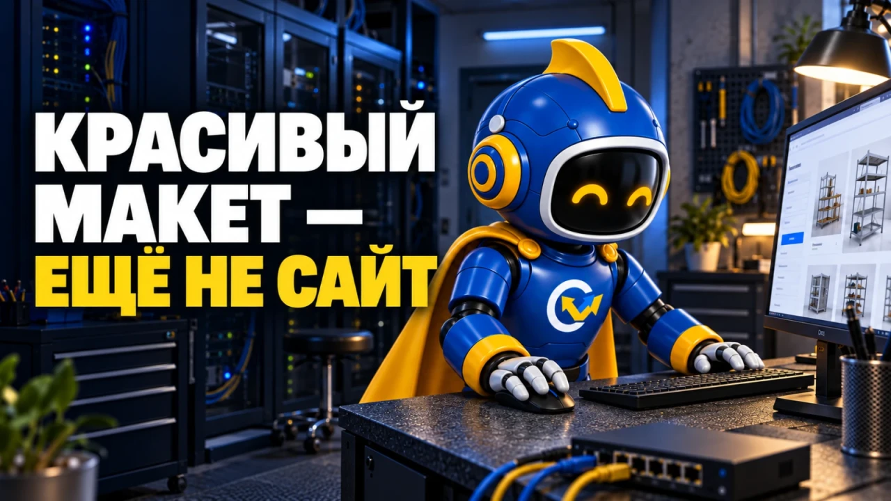 Фирменный вир проверяет каталог на компьютере в технической рабочей среде; заголовок «КРАСИВЫЙ МАКЕТ — ЕЩЁ НЕ САЙТ»