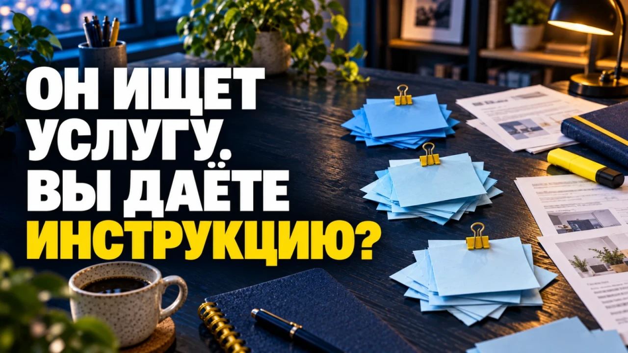 На рабочем столе сгруппированы заметки поискового исследования; заголовок «ОН ИЩЕТ УСЛУГУ. ВЫ ДАЁТЕ ИНСТРУКЦИЮ?»
