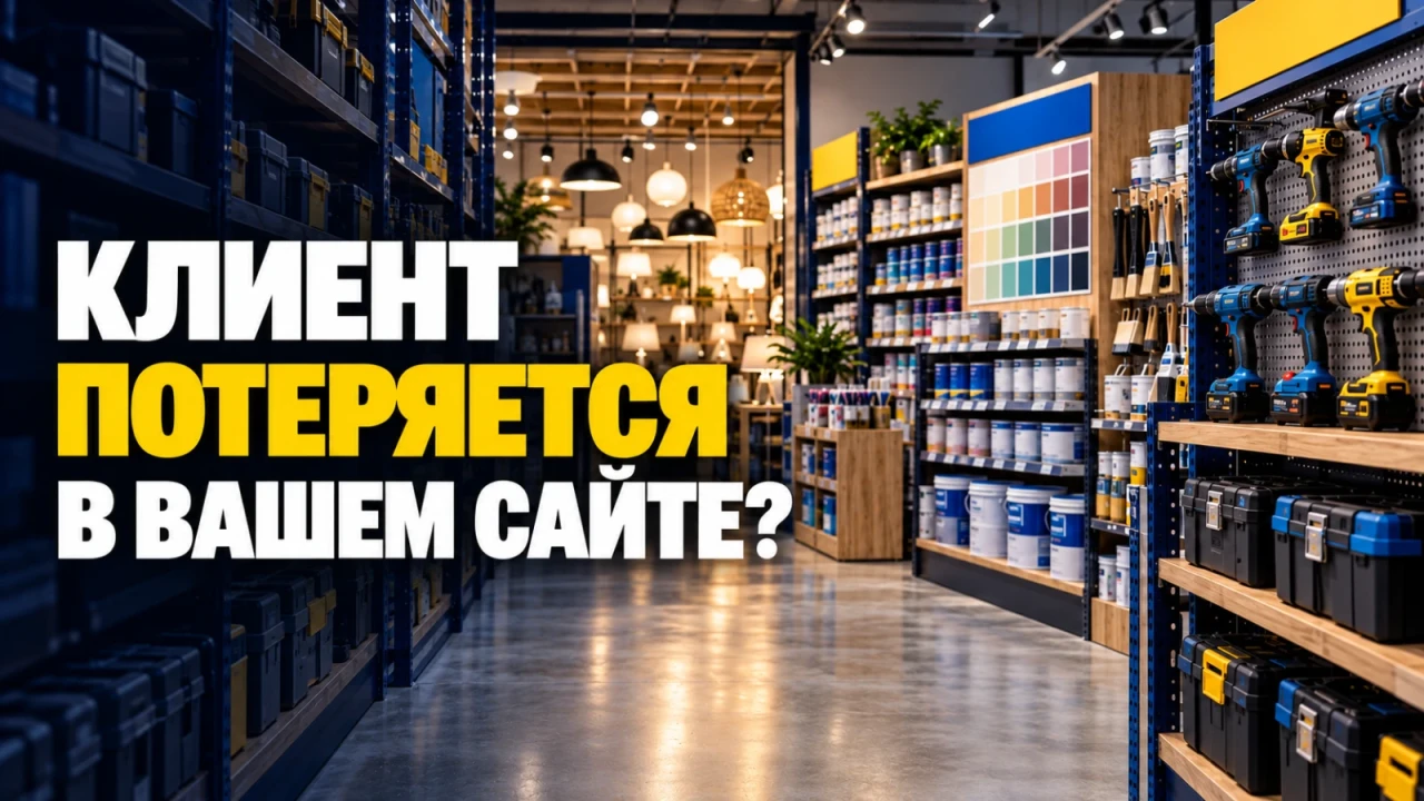 Магазин с отдельными зонами инструментов, красок и освещения; заголовок «КЛИЕНТ ПОТЕРЯЕТСЯ В ВАШЕМ САЙТЕ?»