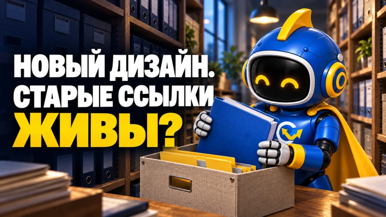 Фирменный вир бережно складывает папку с материалами в архивную коробку; заголовок «НОВЫЙ ДИЗАЙН. СТАРЫЕ ССЫЛКИ ЖИВЫ?»