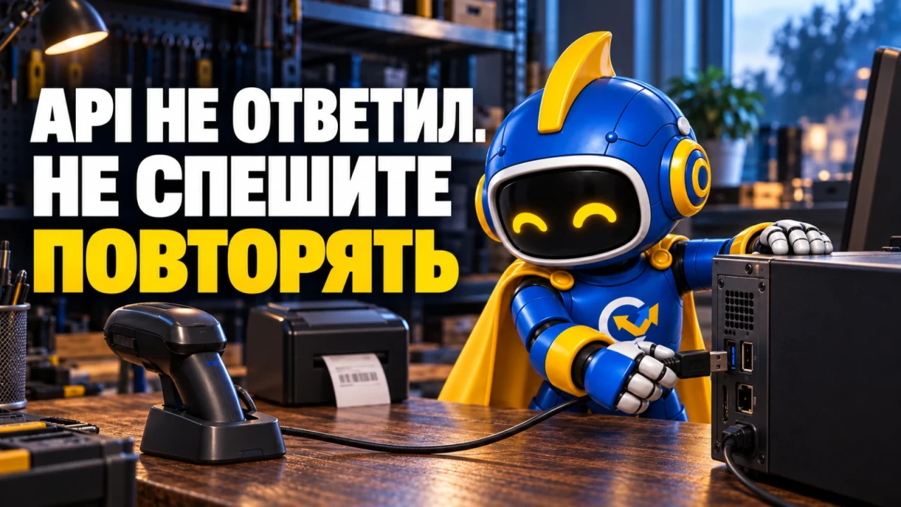 Фирменный вир соединяет компьютер и сканер в рабочей мастерской; заголовок «API НЕ ОТВЕТИЛ. НЕ СПЕШИТЕ ПОВТОРЯТЬ»