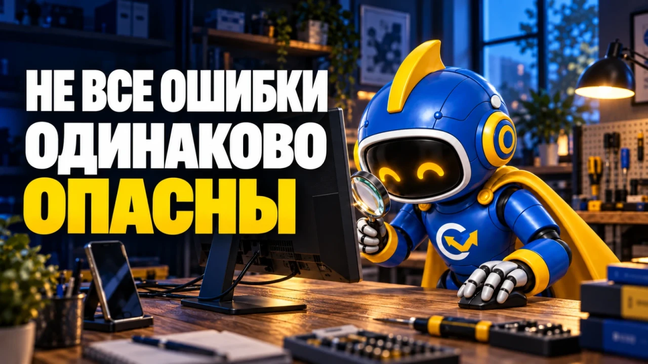 Фирменный вир внимательно осматривает техническую рабочую станцию в светлой мастерской; заголовок «НЕ ВСЕ ОШИБКИ ОДИНАКОВО ОПАСНЫ»