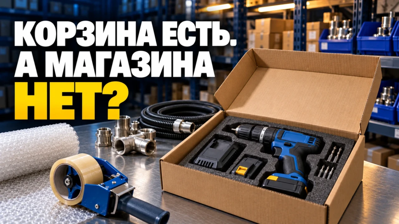 Участок комплектации с готовым набором инструмента в коробке, соединительными деталями; заголовок «КОРЗИНА ЕСТЬ. А МАГАЗИНА НЕТ?»