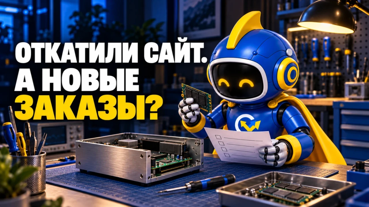 Вир сверяет план перед заменой модуля на инженерном стенде; заголовок «ОТКАТИЛИ САЙТ. А НОВЫЕ ЗАКАЗЫ?»