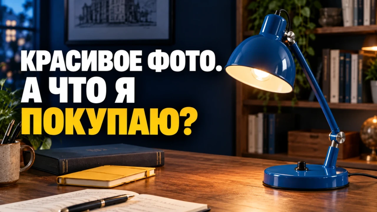 Синяя настольная лампа на деревянном столе в рабочем интерьере; заголовок «КРАСИВОЕ ФОТО. А ЧТО Я ПОКУПАЮ?»