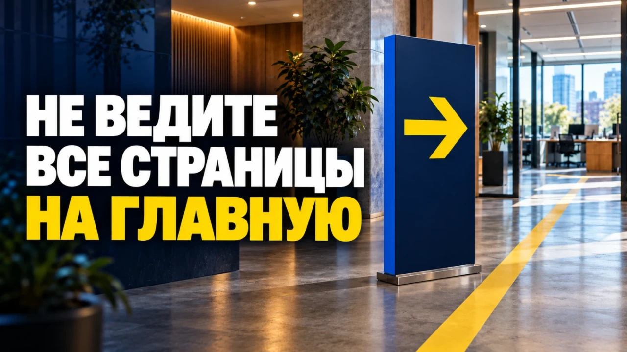 Физический указатель с жёлтой стрелкой ведёт к открытому проходу в офисном интерьере; заголовок «НЕ ВЕДИТЕ ВСЕ СТРАНИЦЫ НА ГЛАВНУЮ»