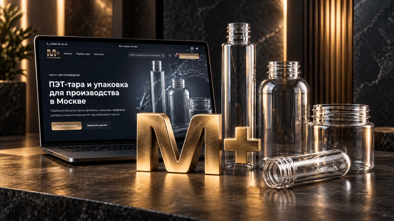 M+: золотой объёмный логотип, прозрачная ПЭТ-тара и ноутбук с сайтом