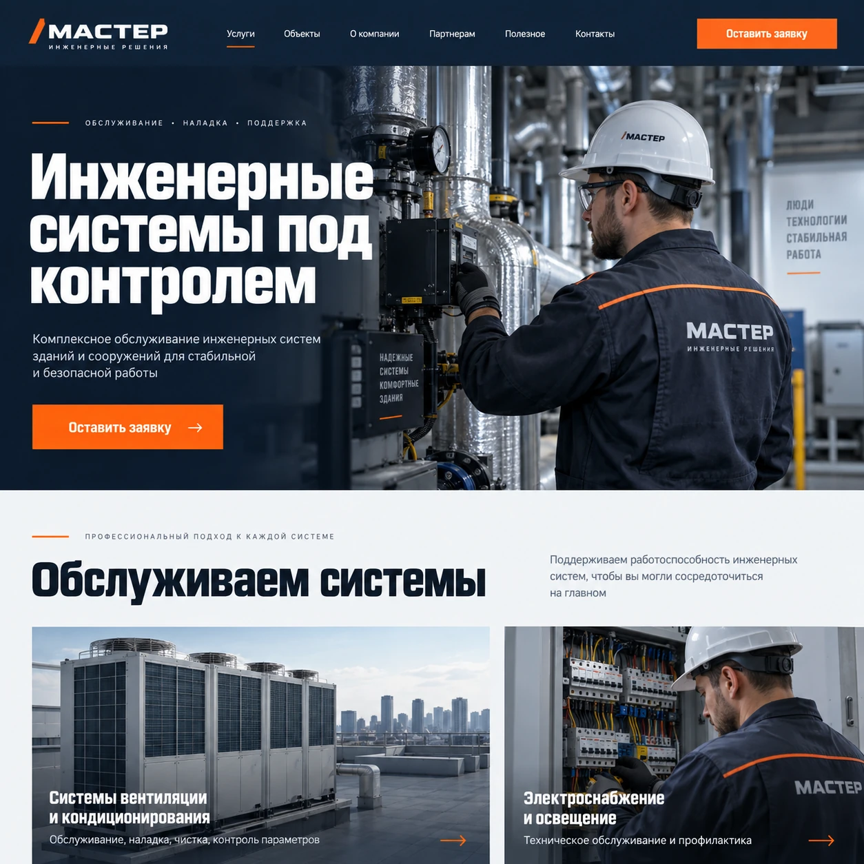 Демонстрационный десктопный макет сайта МАСТЕР: инженер у оборудования, кнопка заявки и карточки обслуживаемых систем.