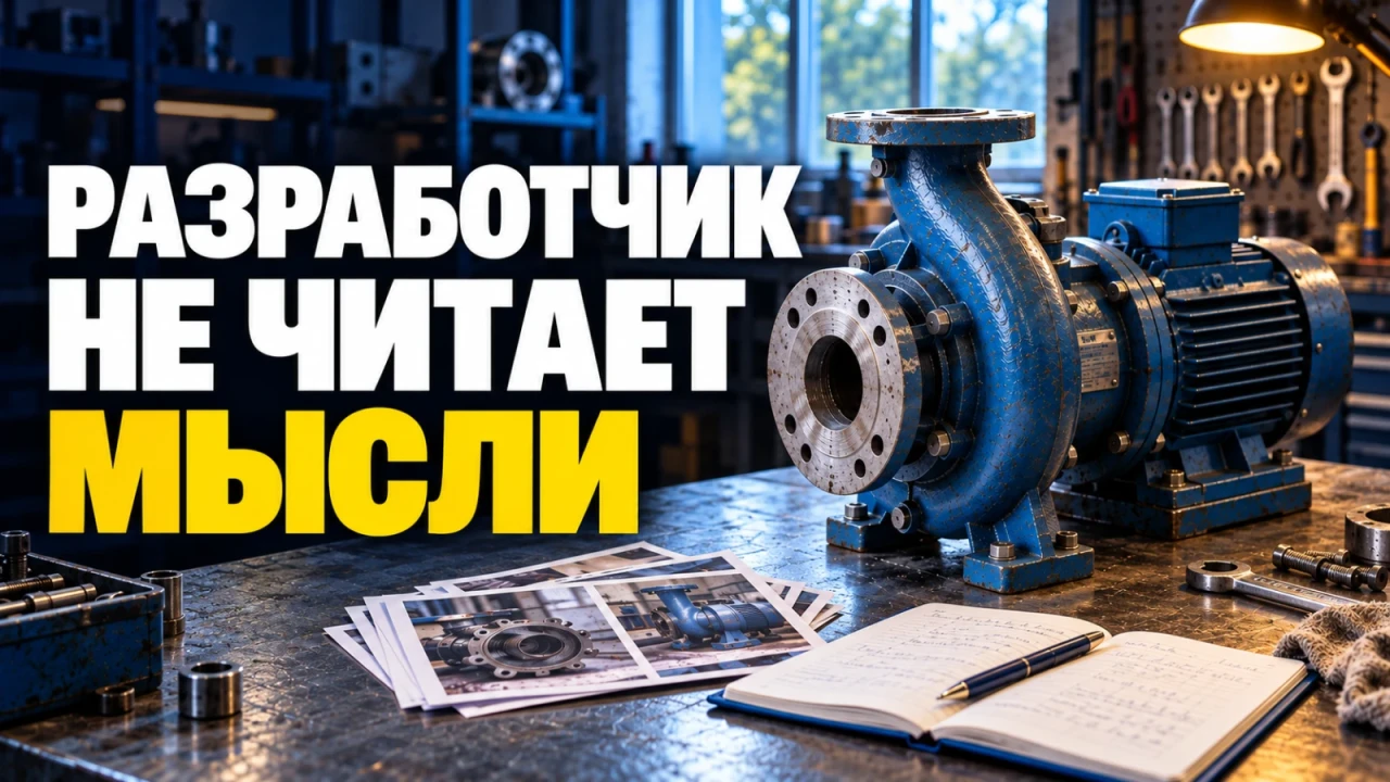 Промышленный насос, фотографии оборудования и заметки в мастерской; заголовок «РАЗРАБОТЧИК НЕ ЧИТАЕТ МЫСЛИ»