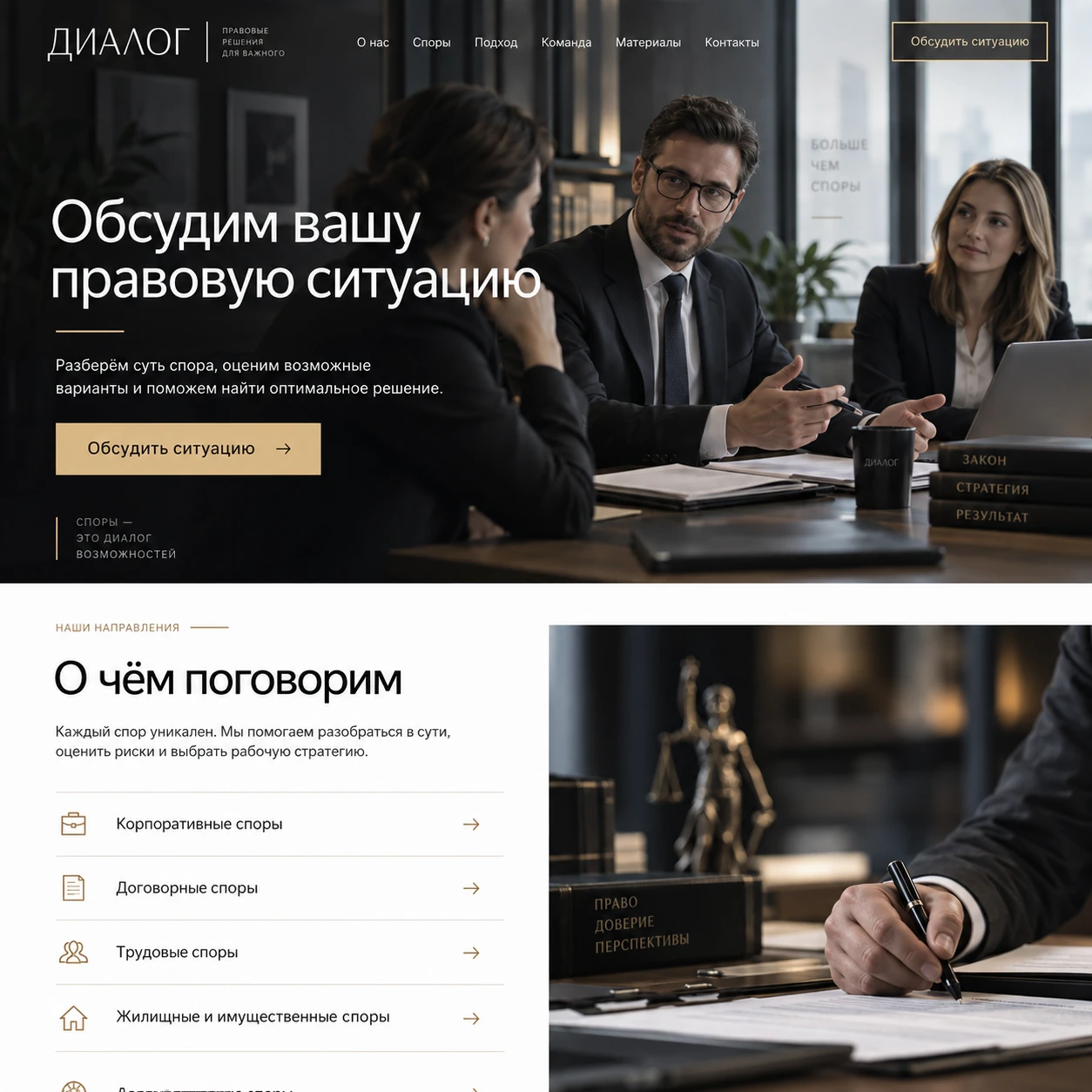 Демонстрационный десктопный макет сайта ДИАЛОГ: консультация на главном экране, кнопка обсуждения ситуации и перечень категорий споров.