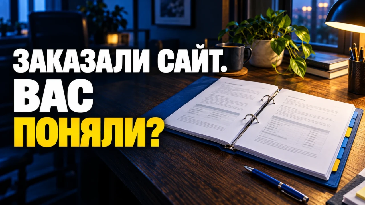 Раскрытая папка с техническим заданием, страницами, закладками и ручкой на рабочем столе; заголовок «ЗАКАЗАЛИ САЙТ. ВАС ПОНЯЛИ?»