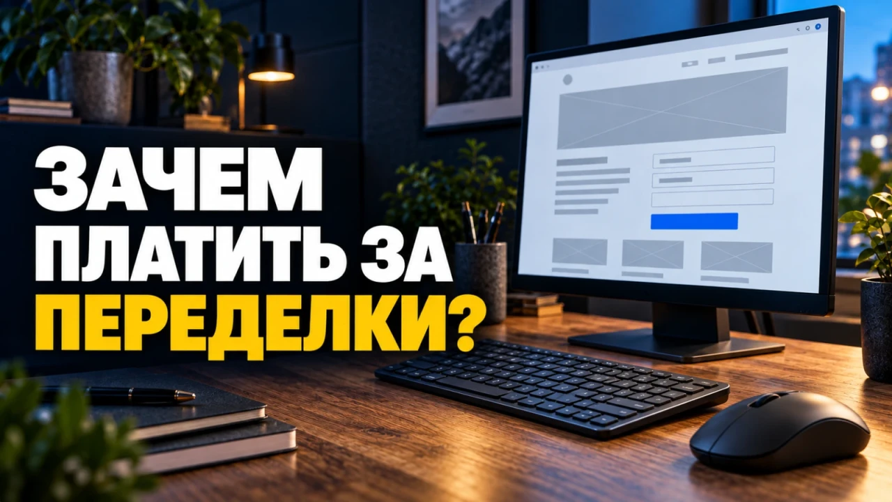 Мышь и клавиатура на рабочем столе, простой прототип страницы запроса на мониторе; заголовок «ЗАЧЕМ ПЛАТИТЬ ЗА ПЕРЕДЕЛКИ?»