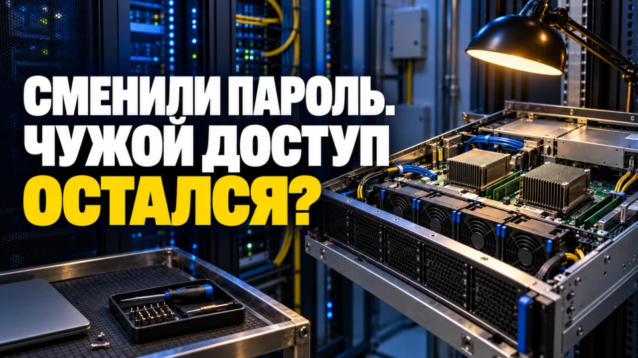 Открытый сервер под лампой для технического осмотра; заголовок «СМЕНИЛИ ПАРОЛЬ. ЧУЖОЙ ДОСТУП ОСТАЛСЯ?»
