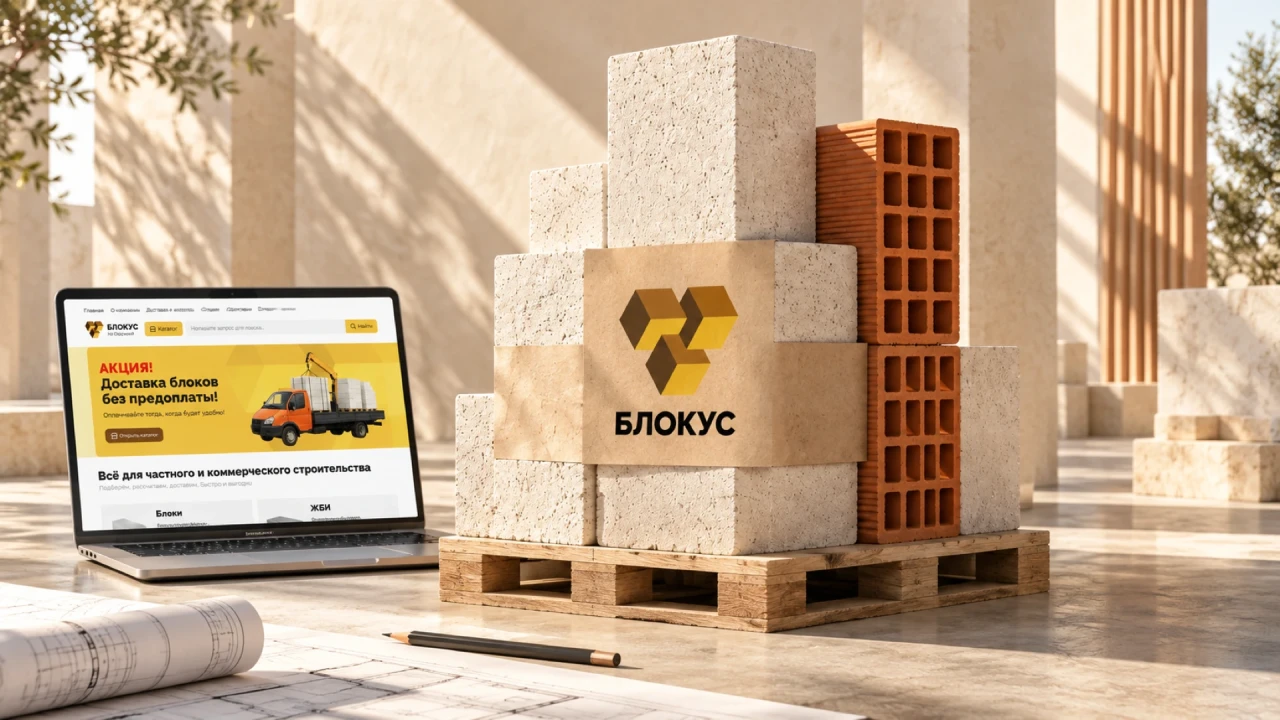 Blokus: фирменный знак на упаковке блоков, кирпич и ноутбук с сайтом