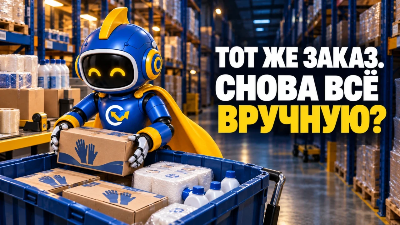 Фирменный вир укладывает коробку перчаток в контейнер с расходными материалами на оптовом складе; заголовок «ТОТ ЖЕ ЗАКАЗ. СНОВА ВСЁ ВРУЧНУЮ?»