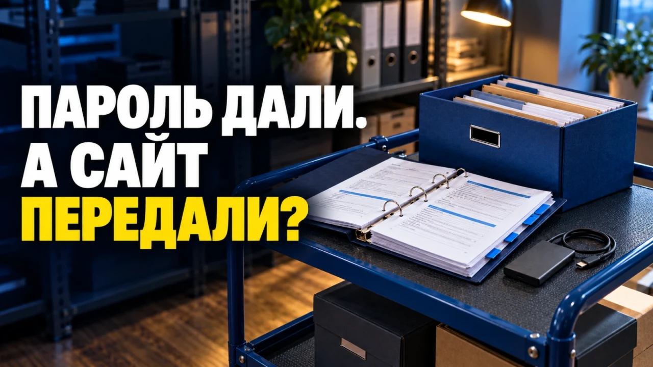 Накопитель, документация и архивные папки в офисе; заголовок «ПАРОЛЬ ДАЛИ. А САЙТ ПЕРЕДАЛИ?»