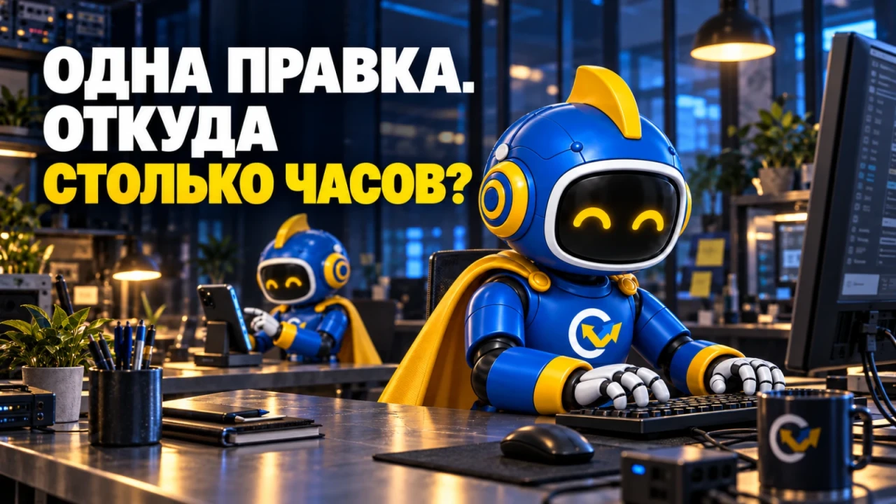 Два фирменных Вира проверяют сайт на рабочем компьютере и телефоне в технической студии; заголовок «ОДНА ПРАВКА. ОТКУДА СТОЛЬКО ЧАСОВ?»