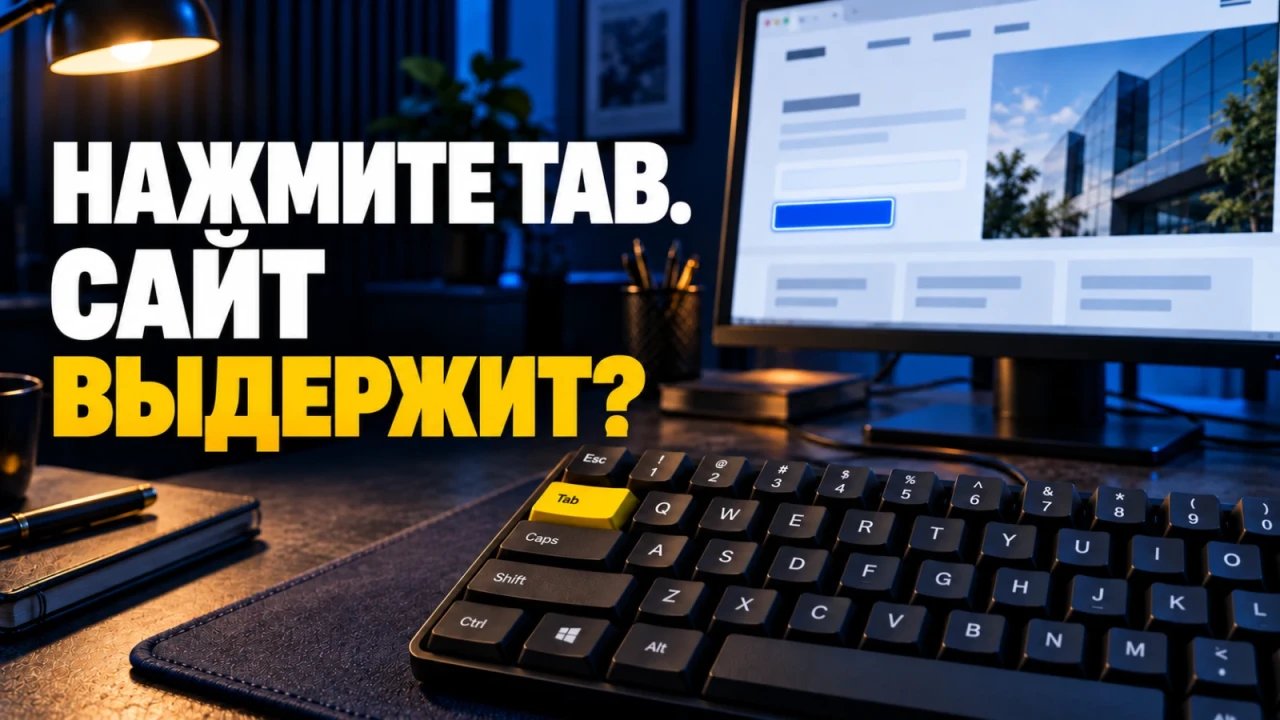 Крупная клавиатура с жёлтой клавишей Tab и рабочий экран проверки интерфейса; заголовок «НАЖМИТЕ TAB. САЙТ ВЫДЕРЖИТ?»