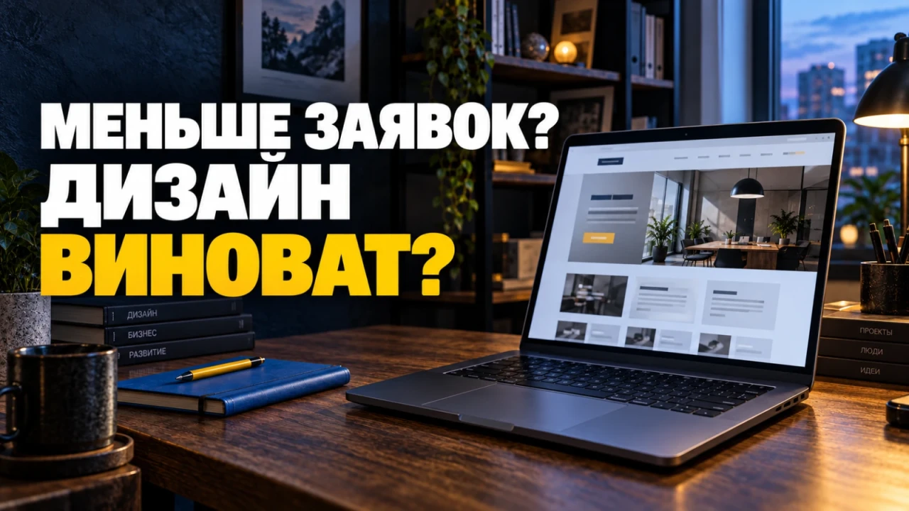 Крупный ноутбук с условным сайтом в рабочем интерьере; заголовок «МЕНЬШЕ ЗАЯВОК? ДИЗАЙН ВИНОВАТ?»