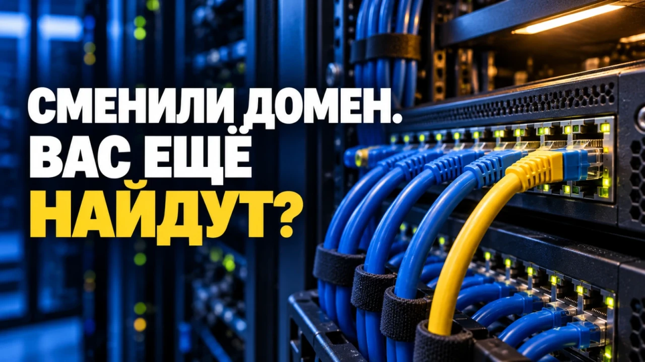 Синие и жёлтый сетевые кабели подключены к оборудованию в серверном шкафу; заголовок «СМЕНИЛИ ДОМЕН. ВАС ЕЩЁ НАЙДУТ?»
