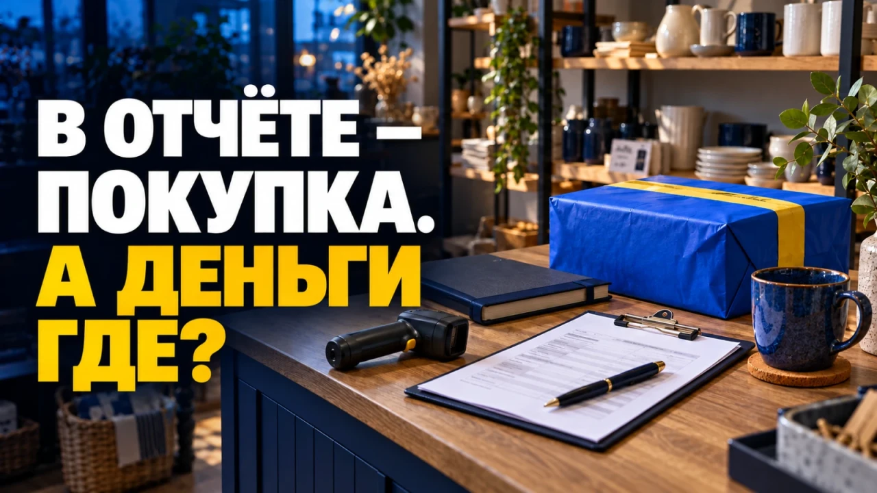 Закрытый заказ, сканер и документы на рабочем прилавке магазина; заголовок «В ОТЧЁТЕ — ПОКУПКА. А ДЕНЬГИ ГДЕ?»