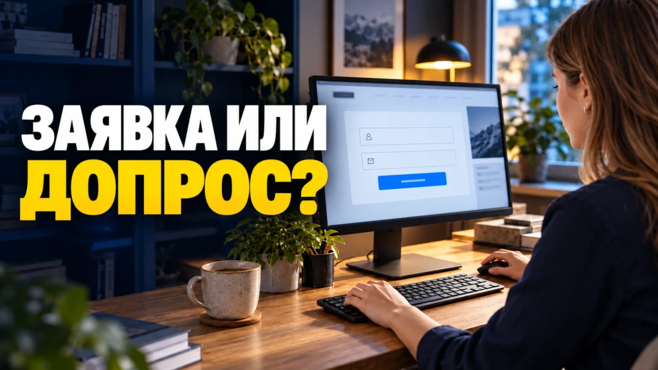Пользователь заполняет короткую форму за рабочим компьютером; заголовок «ЗАЯВКА ИЛИ ДОПРОС?»