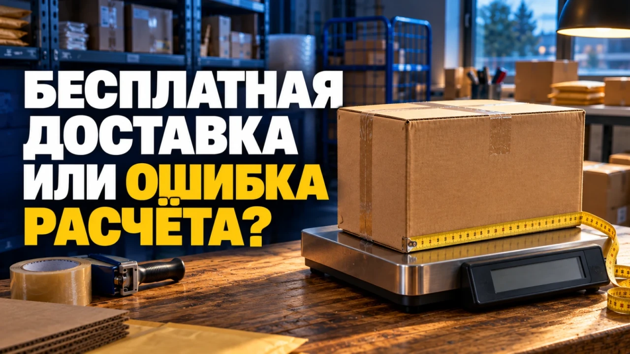 Посылка на весах и сантиметровая лента в помещении отправки; заголовок «БЕСПЛАТНАЯ ДОСТАВКА ИЛИ ОШИБКА РАСЧЁТА?»