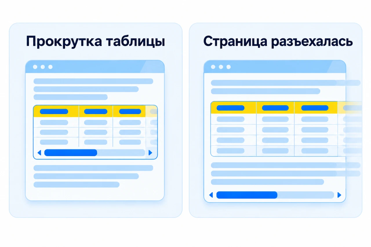Слева широкая таблица прокручивается внутри своей области, а окружающий текст помещается в окне. Справа таблица и обычный текст выходят за ширину окна.