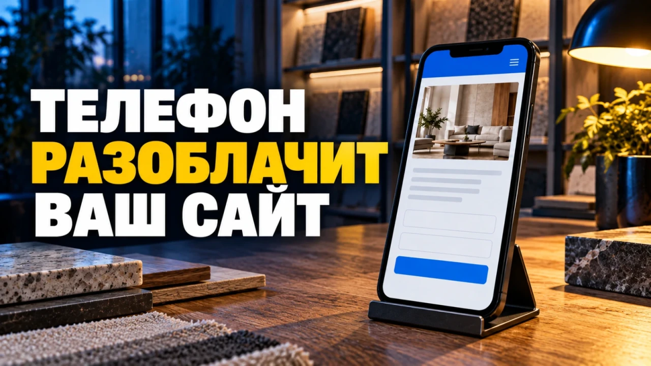Смартфон с условной мобильной страницей стоит на подставке в шоуруме; заголовок «ТЕЛЕФОН РАЗОБЛАЧИТ ВАШ САЙТ»
