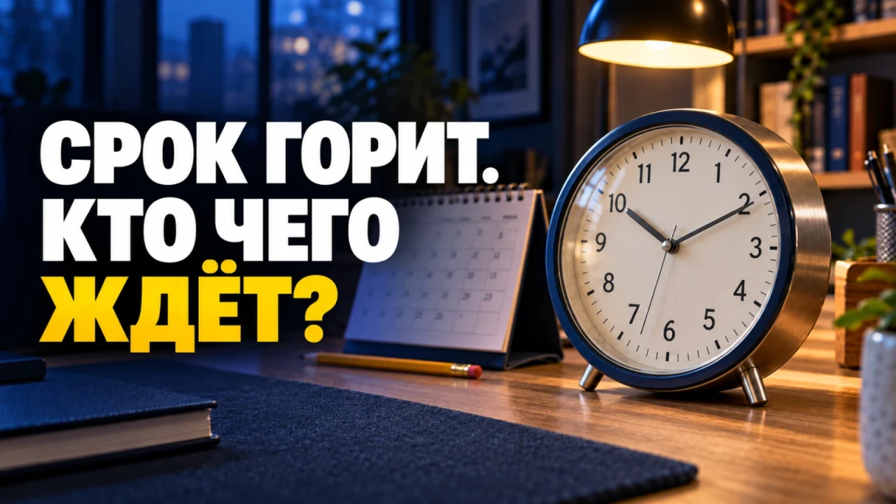 Крупные металлические часы и настольный календарь в рабочем интерьере; заголовок «СРОК ГОРИТ. КТО ЧЕГО ЖДЁТ?»