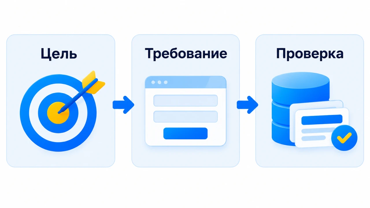 Три связанных шага: цель бизнеса, требование к форме сайта и проверка сохранённой заявки
