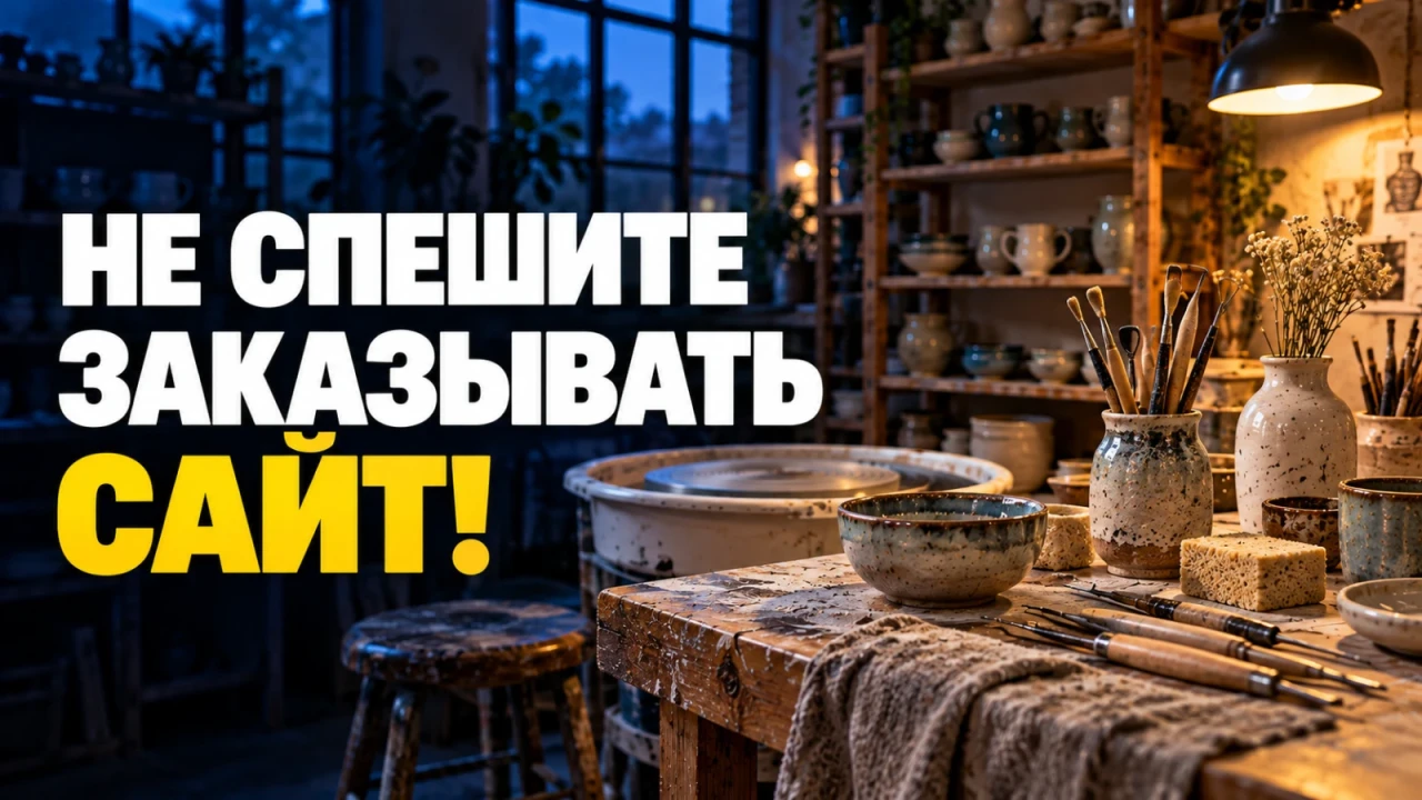 Интерьер керамической мастерской; заголовок «НЕ СПЕШИТЕ ЗАКАЗЫВАТЬ САЙТ!»