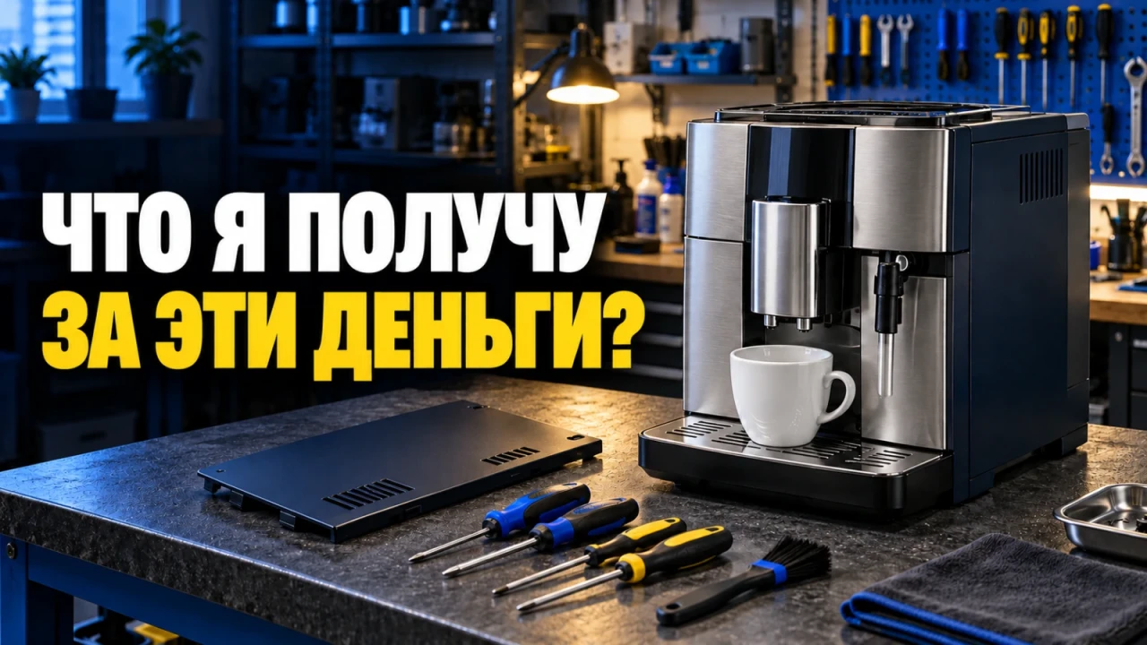 Кофемашина и инструменты на рабочем столе мастерской; заголовок «ЧТО Я ПОЛУЧУ ЗА ЭТИ ДЕНЬГИ?»