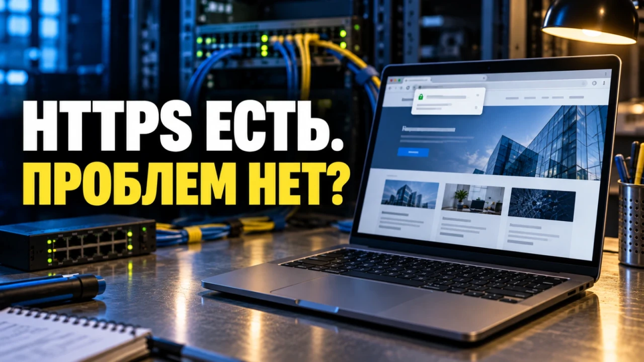 Ноутбук с информацией о защищённом соединении в технической среде; заголовок «HTTPS ЕСТЬ. ПРОБЛЕМ НЕТ?»