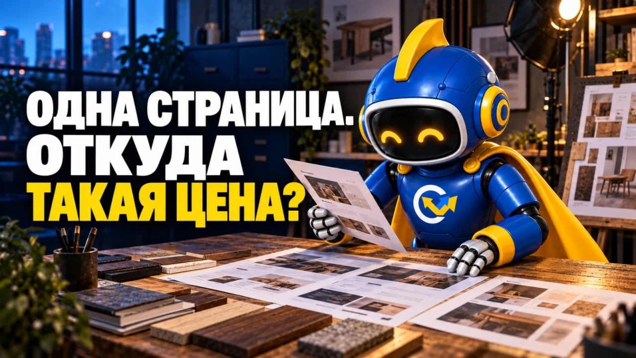 Вир рассматривает макеты и материалы на рабочем столе творческой мастерской; заголовок «ОДНА СТРАНИЦА. ОТКУДА ТАКАЯ ЦЕНА?»