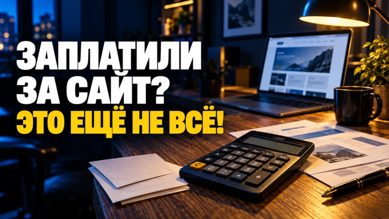 Крупный калькулятор и материалы сметы на фактурном рабочем столе; заголовок «ЗАПЛАТИЛИ ЗА САЙТ? ЭТО ЕЩЁ НЕ ВСЁ!»