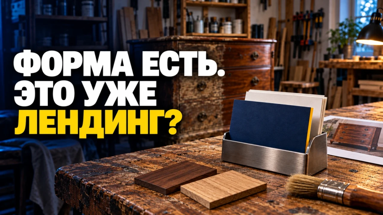 Визитные карточки, деревянные образцы и кисть на верстаке реставрационной мастерской; заголовок «ФОРМА ЕСТЬ. ЭТО УЖЕ ЛЕНДИНГ?»
