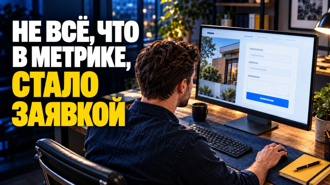 Пользователь за рабочим столом нажимает кнопку формы на сайте услуг; заголовок «НЕ ВСЁ, ЧТО В МЕТРИКЕ, СТАЛО ЗАЯВКОЙ»