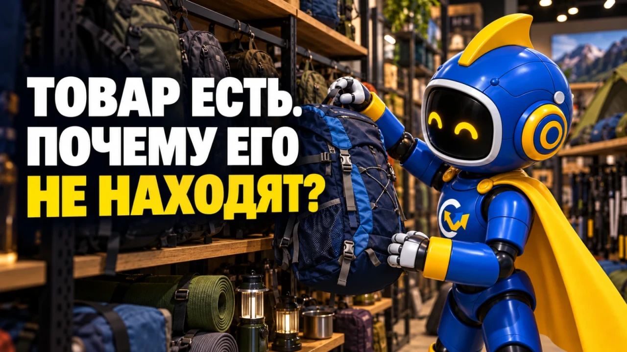 Фирменный вир находит туристический рюкзак среди товаров магазина снаряжения; заголовок «ТОВАР ЕСТЬ. ПОЧЕМУ ЕГО НЕ НАХОДЯТ?»